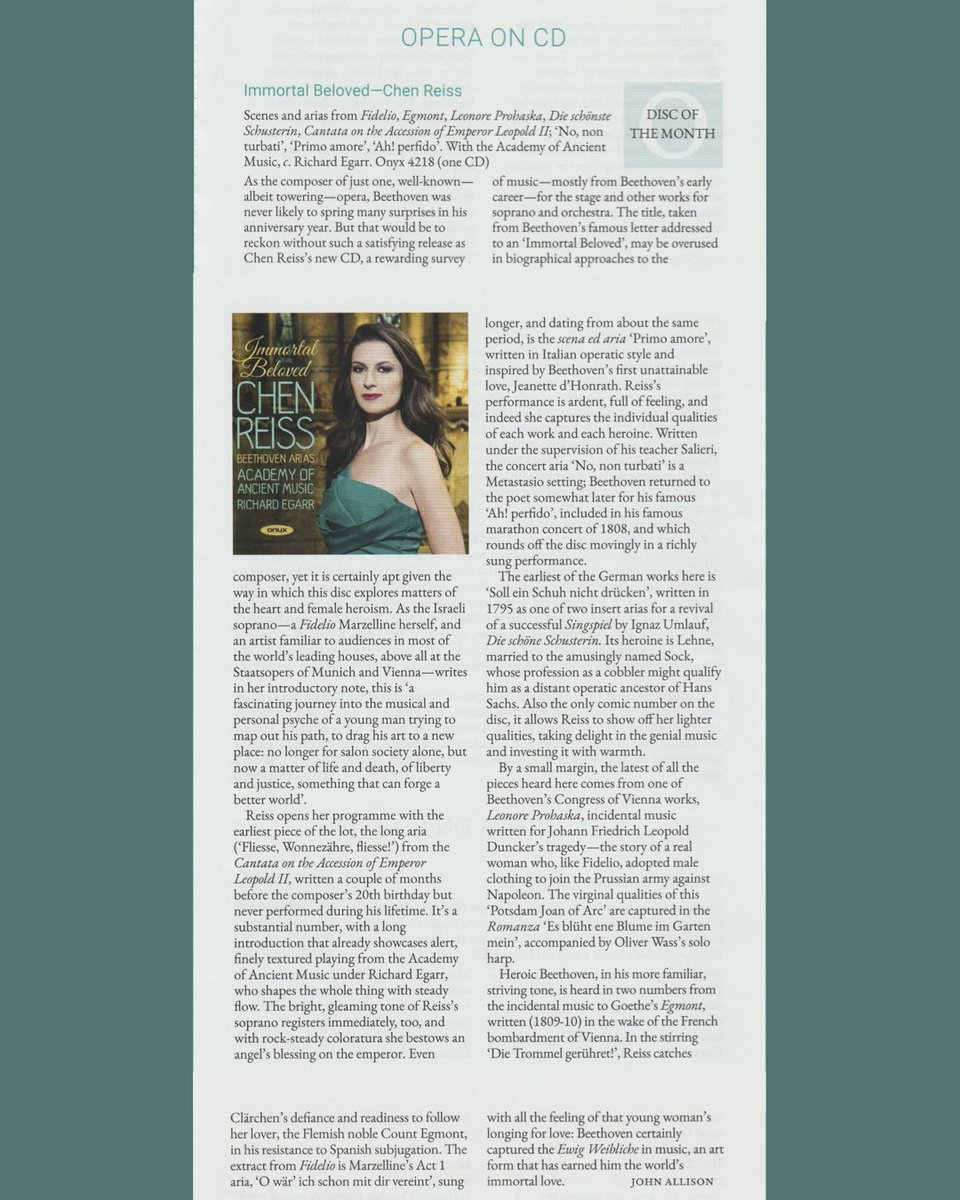 ChenReiss's tweet photo. I‘m thrilled that @opera_magazine chose my new album “Immortal Beloved” as Disc Of The Month, thank you! cc @onyxclassics @aamorchestra @richardegarr @IMGArtistsWW
—
#chenreiss #soprano #immortalbeloved #operamagazine #discofthemonth #albumofthemonth https://t.co/rvvyIPj45Q