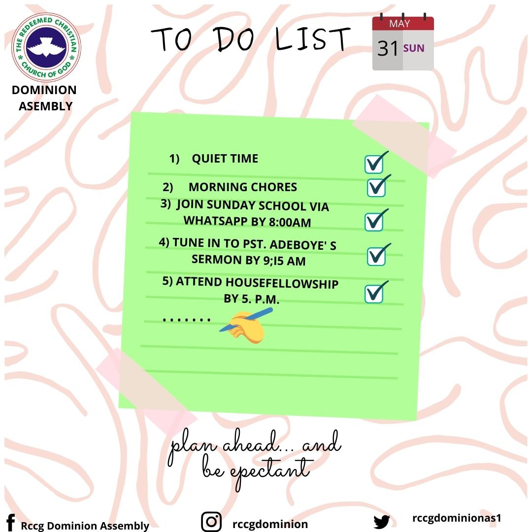 RCCGDominionAss's tweet photo. What is your schedule like  tomorrow? Whatever  you have to do ,  make sure you have all the items checked. Stay blessed

#rccg #dominionassembly #todolist https://t.co/zpy26K0ad8