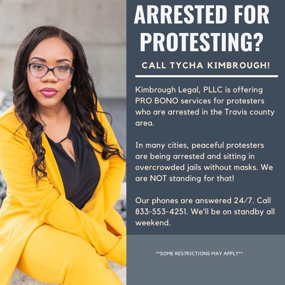 kimbroughlegal's tweet image. If you or a loved one are arrested for protesting in the Travis county area this weekend, give me a call at 833-553-4251. Kimbrough Legal, PLLC is providing PRO BONO representation!

#icantbreathe #wewantjustice