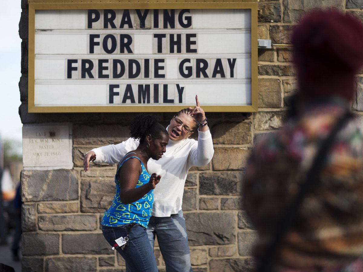 Baltimore, Maryland, 2015Officers arrested Freddie Gray, a 25-year-old Black man. Gray sustained injuries to his neck and spine while in transport in a police vehicle. Gray died the following day. Protests and riots began. 2 people shot. 1 fire victim.486 Arrested