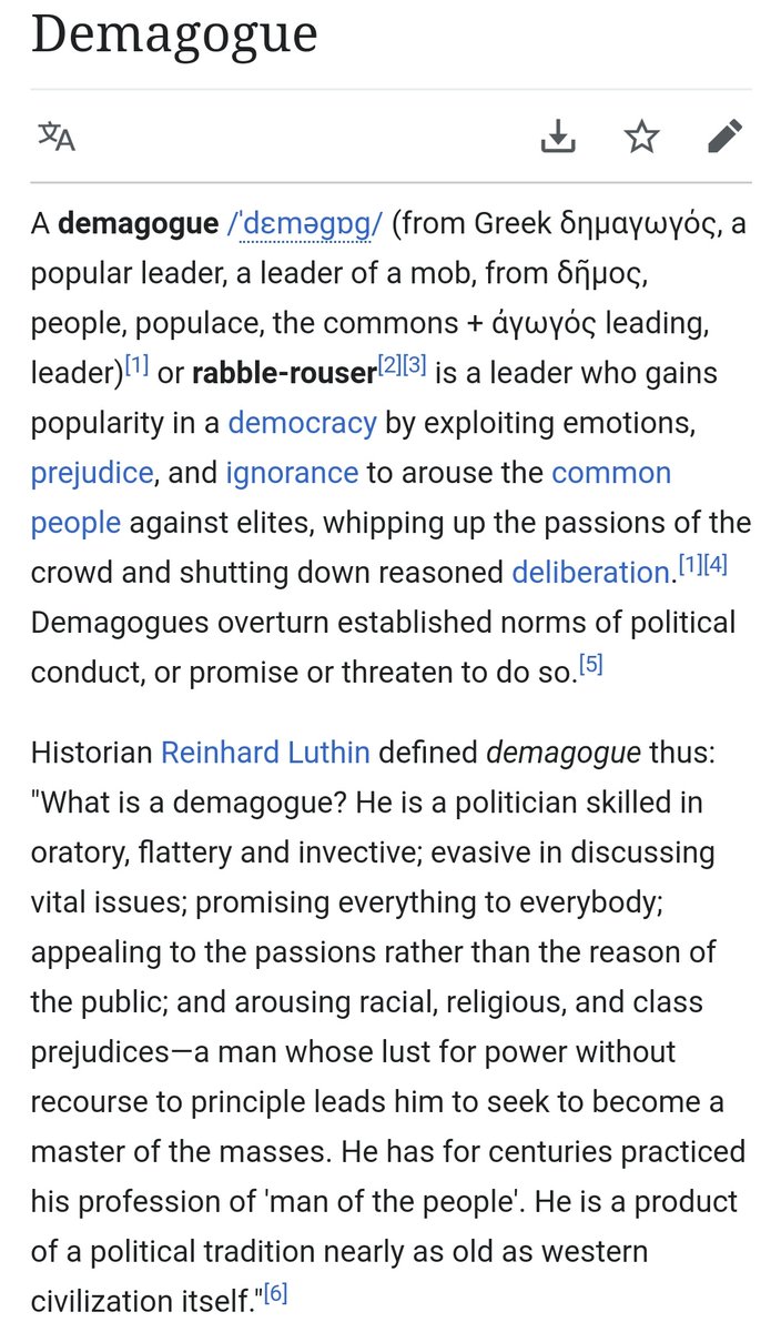 "...promising everything to everybody; appealing to the passions rather than the reason of the public; & arousing racial, religious, and class prejudices, a man whose lust for power without recourse to principle leads him to seek to become a master of the masses." Sound familiar?