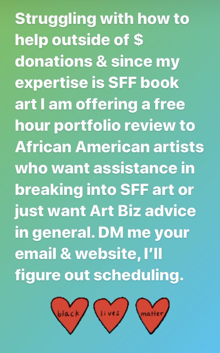 Irreverend Mother Lauren Panepinto (@planetpinto) on Twitter photo I just posted this on instagram & reposting here: If you are an African American artist & trying to break into SFF, I want to help. DMās are open. Send me your email & website link & Iāll be scheduling as many 1hr portfolio reviews as I can.
Thx to <a href="/ericsmithrocks/">Eric Smith</a> for the idea I just posted this on instagram & reposting here: If you are an African American artist & trying to break into SFF, I want to help. DMās are open. Send me your email & website link & Iāll be scheduling as many 1hr portfolio reviews as I can.
Thx to <a href="/ericsmithrocks/">Eric Smith</a> for the idea