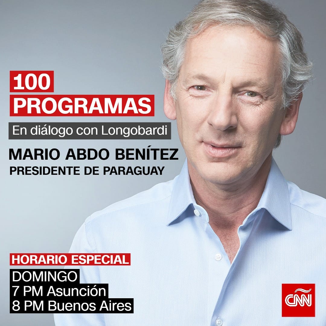 WarnerMediaPR's tweet photo. #CNN
Marcelo Longobardi @LongobardiM celebra sus 100 programas con una entrevista al presidente de #Paraguay 🇵🇾 Mario Abdo Benítez @MaritoAbdo. 
Miralo este domingo a las 8pm (https://t.co/ajWzheVdW7.) - 7pm (Asunción) por @CNNEE
#TeAcompañamosEnCasa https://t.co/VcMqJRf0wK
