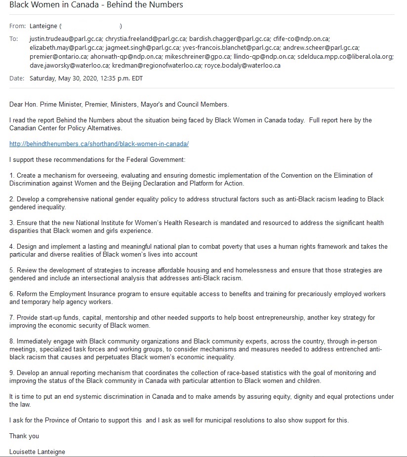 Here is the letter I just sent to Canada's Prime Minister Justin Trudeau, my elected MPs and MPPs, opposing party leaders as well as my City and Regional representatives regarding ways we can improve upon the lives of Black people in Canada.  #Regis  #GeorgeFloyd  #cdnpoli