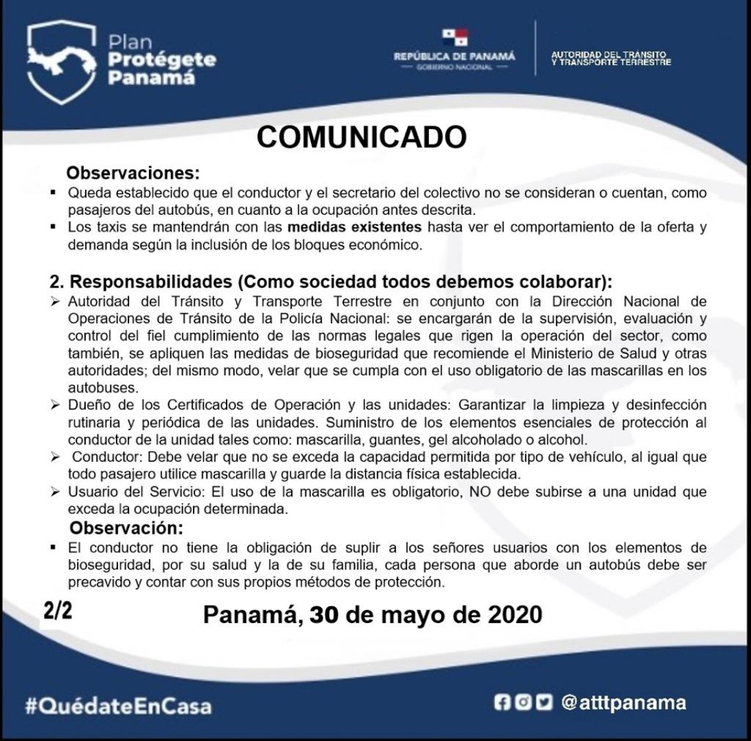 #EsNoticia 🔵 La <a href="/ATTTPanama/">Autoridad del Tránsito</a> da a conocer medidas de bioseguridad para el servicio del transporte público, debido a la apertura del bloque 2.