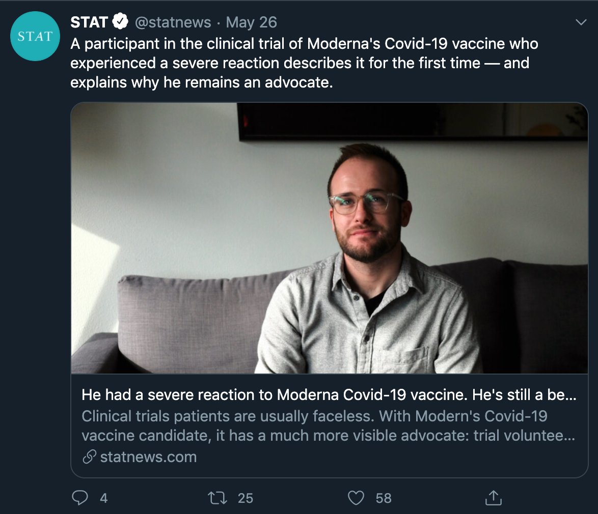 This week,  @matthewherper wrote a great story about how a subject in Moderna’s phase one trial developed a fever and fainted.While this reaction may seem worrying, it isn’t surprising, appears to be rare, isn’t life-threatening, and is key to finding a drug’s safest dosage.