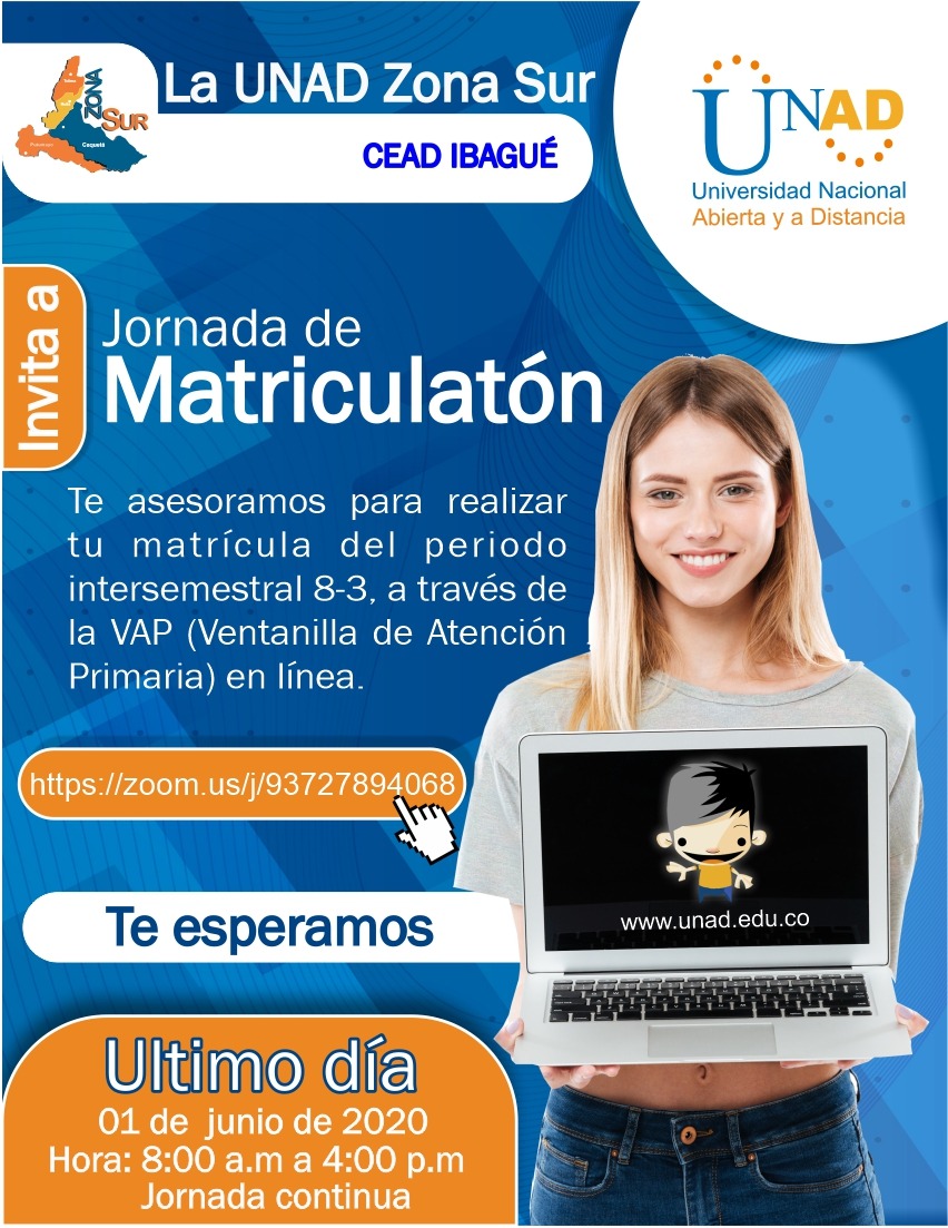 Estudiantes  Zona Sur 
<a href="/UniversidadUNAD/">Universidad UNAD</a>
 última oportunidad de matricula para el periodo académico intersemestral, tener presente que en el caso de la Especialización en Seguridad Informática aplica solo para quienes son estudiantes regulares no nuevos <a href="/AMendezGonza/">Alejandro Mendez</a> <a href="/NilabFM/">Nilson Ferreria</a>