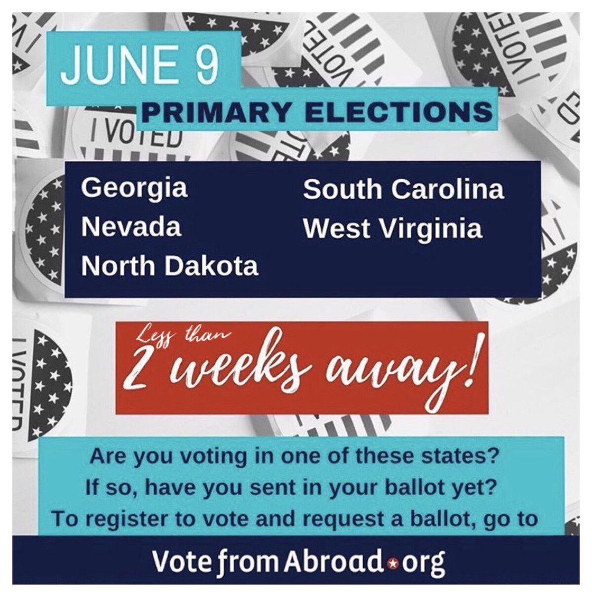 DemsAbroadCan's tweet photo. 📣Less than 2 weeks away, but not too late! ⏰ 

If you vote in these states, be sure to request your absentee ballot. Just go to https://t.co/xQ7dTErH2W and you’ll find the step by step process so easy. #votefromabroad #votebymail #dacanada https://t.co/0hGGmw9vHx