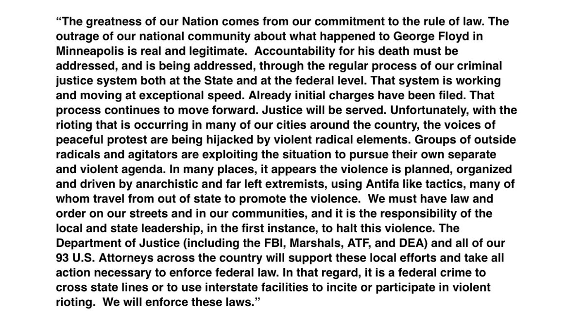 KerriKupecDOJ's tweet photo. Statement from AG Barr where he acknowledges the outrage on George Floyd’s death as legitimate but condemns violent rioting. “It is a federal crime to cross state lines or to use interstate facilities to incite or participate in violent rioting.  We will enforce these laws.” https://t.co/gnWs5LVVsi