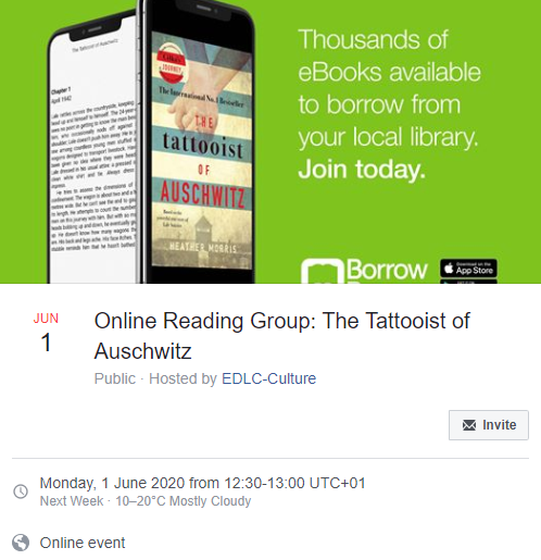 EDLC_Culture's tweet photo. If you're a speedy reader there's still time to finish The Tattooist of Auschwitz for our Online Reading Group lunch time chat on Monday! Download the eBook from BorrowBox here: https://t.co/d9bQ66tINy
https://t.co/cBM1qdRGwK
#EDLCReads #LibrariesFromHome https://t.co/2ublE8afDh