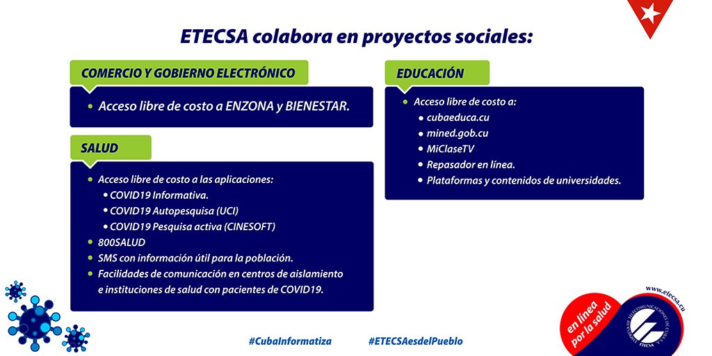 Los proyectos sociales en Cuba cuentan con el respaldo de <a href="/ETECSA_Cuba/">ETECSA</a>, garantizando accesos sin costo para sitios y/o aplicaciones de Salud, Educación, Comercio y Gobierno electrónico. #CubaInformatiza 🇨🇺 #ETECSAesdelPueblo
