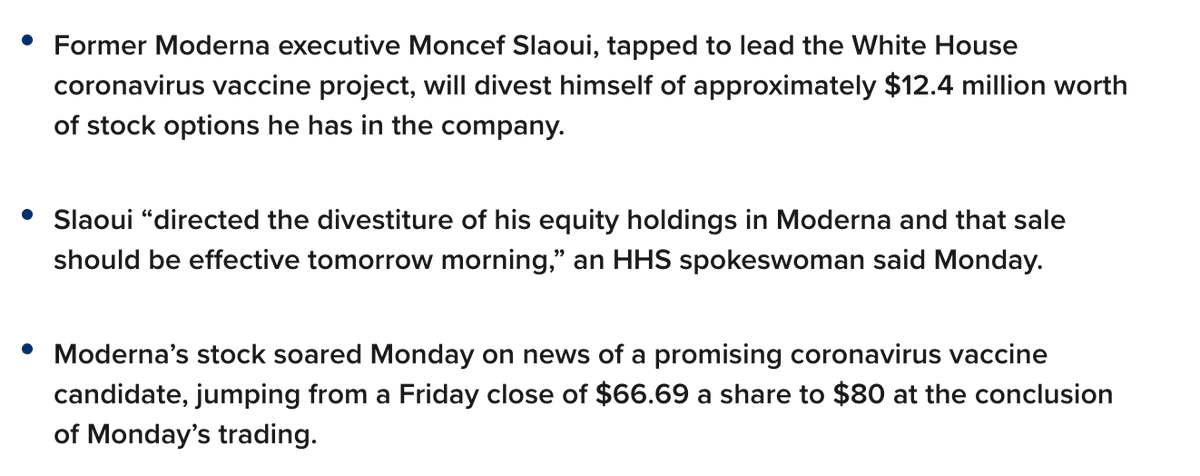 One lingering question:Moncef Slaoui, a former Moderna board member who is now the White House’s vaccine czar, has not divested as of May 29 despite pledging to do so.