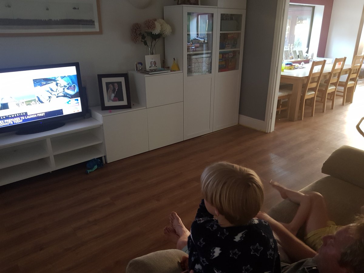 FcaStef's tweet photo. Watching #LaunchAmerica with the family. Wishing Bob and Doug a safe journey. 🚀🚀🚀 https://t.co/kNUt550ZzI