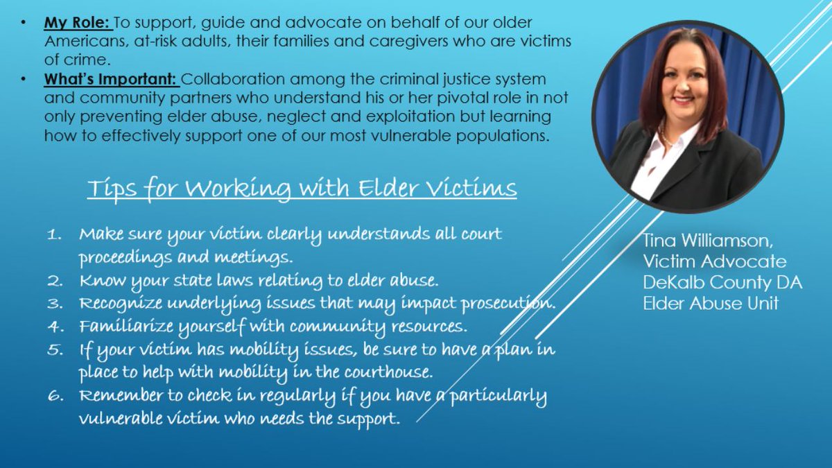 GAProsecutors's tweet photo. As #OAM2020 comes to a close, we’d like to share some helpful tips from @SherryBostonDA Victim Advocate Tina Williamson about her role + how advocates can further support victims of elder #abuse, #neglect and #exploitation. #MakeYourMark #GAProsecutors #GAVWAP https://t.co/zcNV6QkBGe