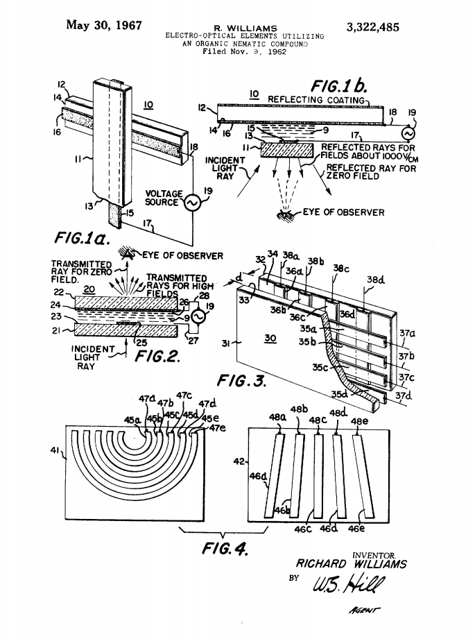  #OnThisDay in 1967, Richard Williams received a patent for "Electro-Optical Elements Utilizing an Organic Nematic Compound." It was RCA's first liquid crystal display patent & the only one issued before the company went public w/the  #LCD in 1968. #histSTM  #electronics(1/20)