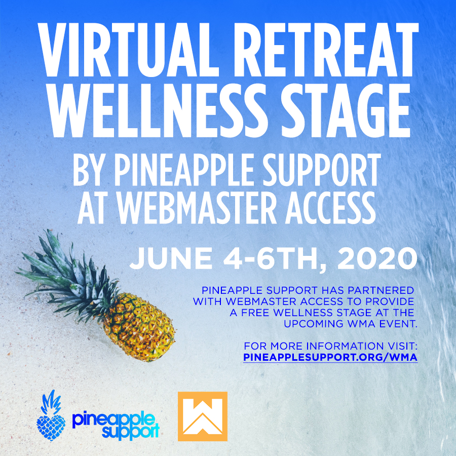 PineappleYSW's tweet photo. Join us at our Virtual Retreat at #webmasteraccess!
We have partnered with @gfy_media to provide a #free #wellness stage at the upcoming #wma event 4-6th of June.
For more information & our full schedule, please click here: https://t.co/vEVIBvI8EF
#wmavirtual #wma2020 https://t.co/PNXverOT4l