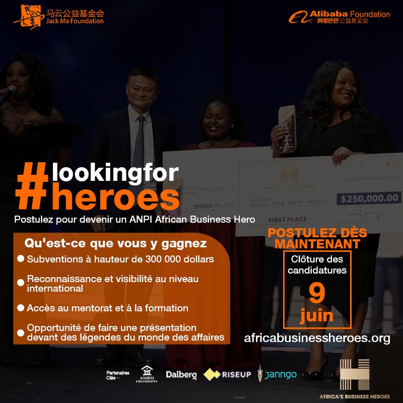 L’Africa Netpreneur Prize Initiative de <a href="/foundation_ma/">Jack Ma Foundation</a> invite les entrepreneurs africains à postuler au concours <a href="/africa_heroes/">Africa’s Business Heroes</a> pour tenter de gagner des subventions, formations et une visibilité à l'échelle mondiale.

Entrepreneurs togolais, postulez ! - bit.ly/ABH20FR