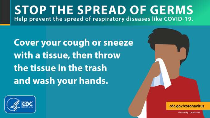 CDCemergency's tweet photo. Cover your cough! #COVID19 spreads through respiratory droplets when an infected person coughs, sneezes or talks. Additionally, it can also be spread when someone is not showing symptoms. Take everyday precautions to do your part to stop the spread: https://t.co/ebLDtQugtD https://t.co/eXO4d4cnte