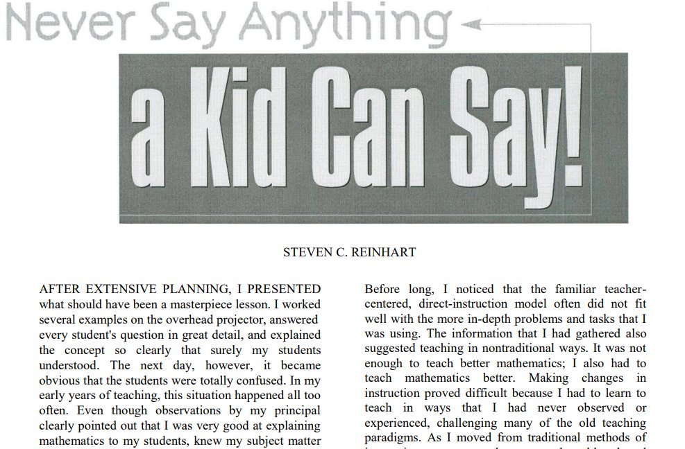 I love this article from Steven C. Reinhart about teacher moves in the math classroom that help get kids doing more of the communicating (instead of the teacher). georgiastandards.org/resources/Onli… #iteachmath #MTBoS