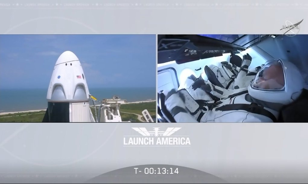 It's T- 10 min until SpaceX makes it's second attempt to launchastronauts on a mission to the International Space Station.#NASA #SpaceX