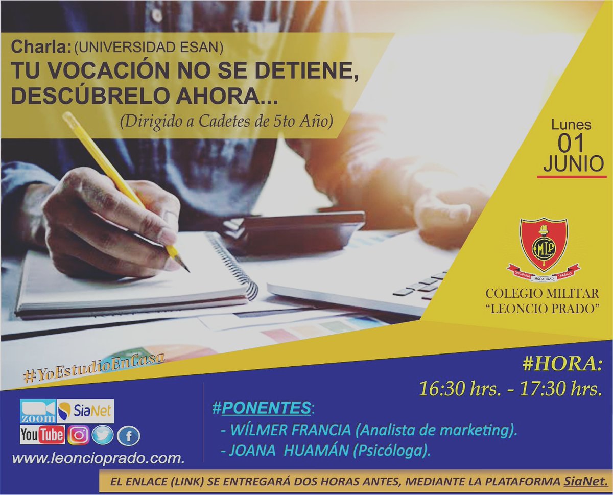 📢#CharlaVirtual - #UniversidadESAN👨💻💻
#Tema: TU VOCACIÓN NO SE DETIENE ,DESCÚBRELO AHORA
#Dirigido a los #Estudiantes #Cadetes de 5to año de secundaria
#YoEstudioEnCasa📚
#JuntosPorLaExcelenciaEducativa
#DisciplinaMoralidadYTrabajo🇵🇪 https://t.co/Zl8WmI3QKm