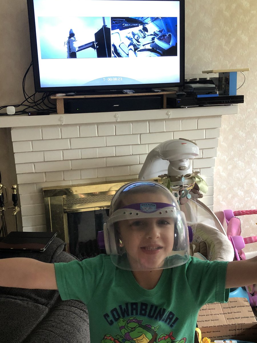 hym81509's tweet photo. This boy has been super excited since Wednesday to watch the launch. He has been obsessed with rockets and spaceships for months buying any legos he can. #LaunchAmerica #NASA  #SpaceX @NASA https://t.co/1UPFrcwhAl
