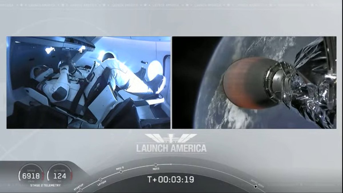 That first stage is heading back to Earth and the second stage is bringing Bob and Doug the rest of the way to orbit.