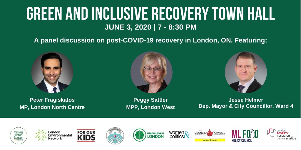 How can #LdnOnt transition to a green &amp;amp; inclusive city post #COVIDー19? On June 3, join us for a Green and Inclusive Recovery Town Hall - a virtual panel discussion with political leaders on post-COVID-19 recovery in #LdnOnt. RSVP at: buff.ly/2MgcylA