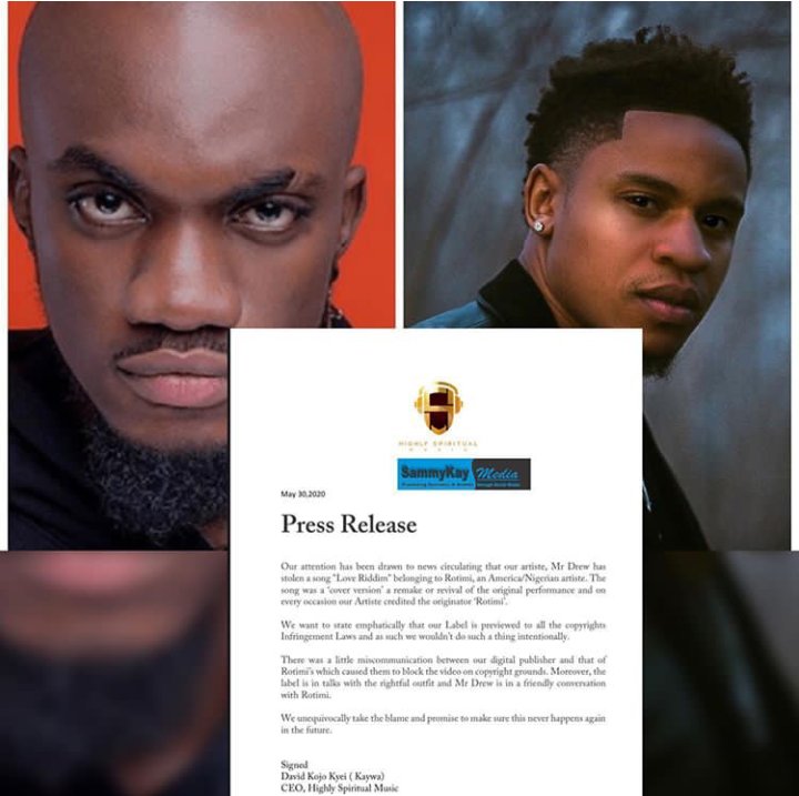 depressculer's tweet photo. Our Artiste @mrdrewofficial credited @rotimi , “Eat” is a cover of “Love Riddim “ - @mrdrewofficial ‘s record label responds to the theft report
#sammykay #zionfelix #ameyaw #ronnie
#untamedvirtualconcert #BiafraExit https://t.co/qhLiRlSY5E