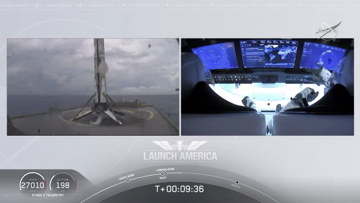 CodyMatzFox9's tweet photo. Launching Americans into space on the right with the reusable rocket successfully landing back on earth on the left that propelled them up there. One of the coolest things I’ve seen. #LaunchAmerica https://t.co/dTasy30vC9