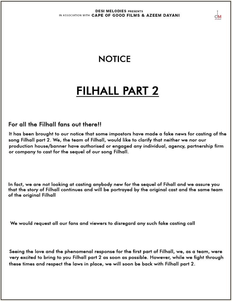 BOCIndia's tweet photo. #AkshayKumar clarifies that NO new casting is being done for the sequel of song #Filhall. #FilhallPart2 #FilhallSequel https://t.co/WV7wwtsksm