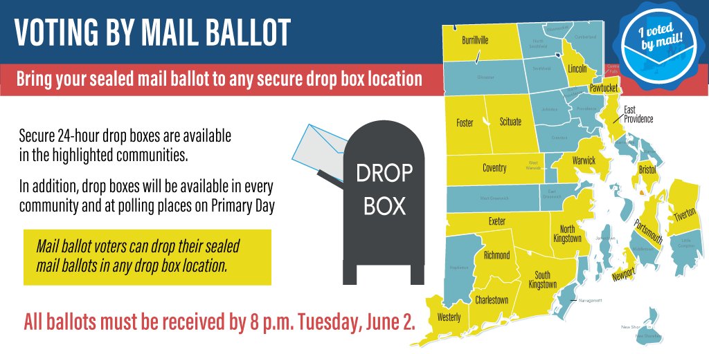 RI: If you still have your mail ballot, don’t mail it. Use any of the secure, 24-hour drop boxes available at city/town halls in communities across RI. Drop boxes will also be available at polling places on June 2. Your mail ballot must be sealed in the certificate mail envelope