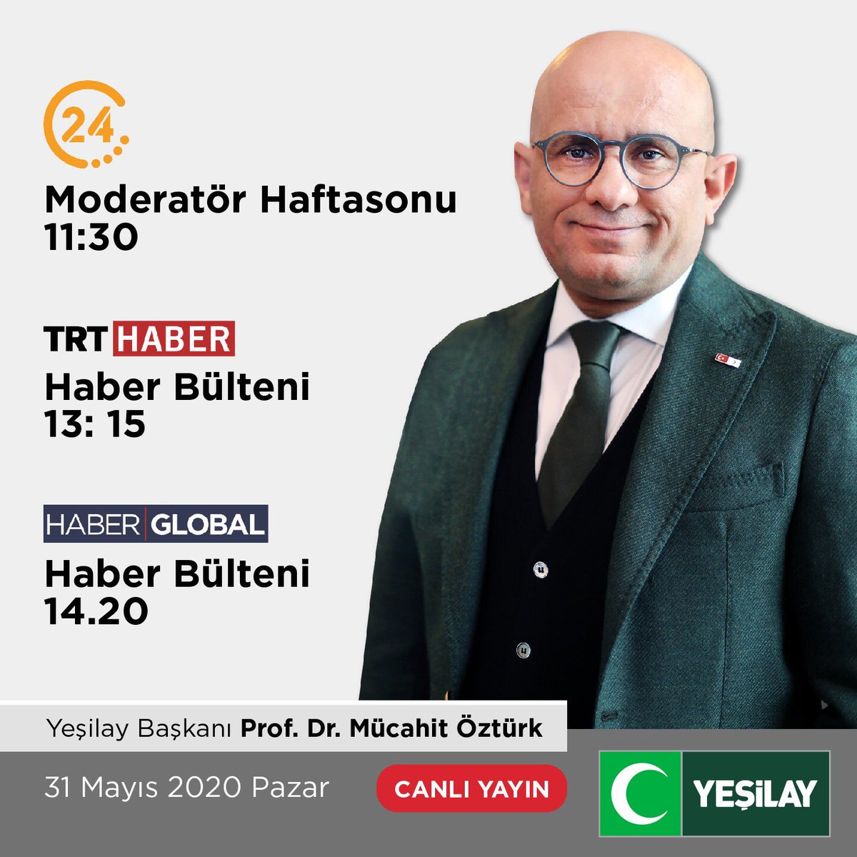 Genel Başkanımız Prof. Dr. Mücahit Öztürk yarın #TV24 #TRThaber ve #HaberGlobal canlı yayında gündeme dair soruları cevaplayacak. Tütün ürünleriyle #koronavirüs ilişkisinin ve #Yeşilay faaliyetlerinin paylaşılacağı programları kaçırmayın!