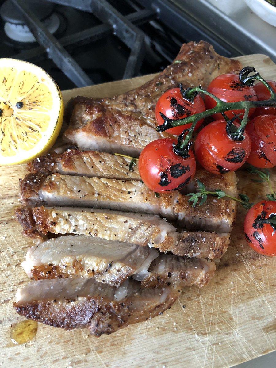 Apple juice, pink peppercorn, garlic, rosemary &amp; ginger brined <a href="/BearCreekBeef/">Bear Creek Farm</a> Berkshire pork chop w/ charred cherry tomatoes. #CookingWithTST #SaltedKitchen