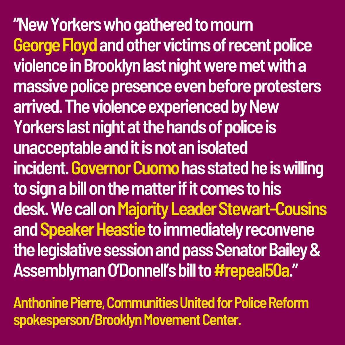 changethenypd's tweet photo. Yesterday in Brooklyn NYPD pepper-sprayed en masse &amp; body slammed those protesting murder of #GeorgeFloyd. Unacceptable violence enabled by state law 50-a. @NYGovCuomo said he’s willing to sign, time for Albany legislature to #Repeal50A. Full statement: https://t.co/uiscP6PskR https://t.co/8kRrViMgPM