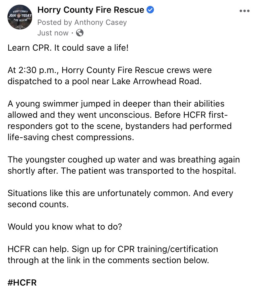 hcfirerescue's tweet photo. Bystanders using CPR at a pool this afternoon. #HCFR https://t.co/S1h2RLyn83