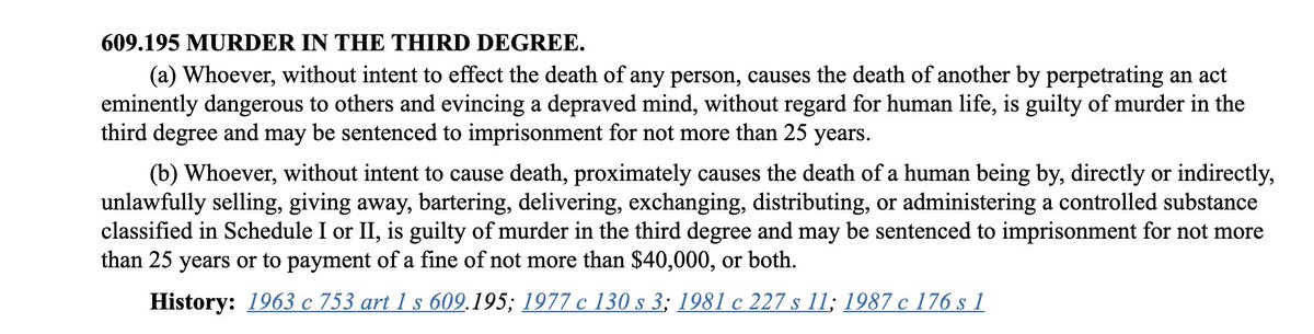 ...if you read the law, you see it rips away intent as an element of the crime, and doesnt make it accidental - it makes it the consequence of a an "eminently dangerous" act "evincing a depraved mind." His murder of Floyd fits perfectly with the language of 3d degree murder..../5