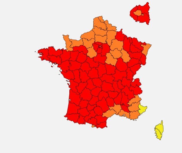 🇫🇷 Santé : le risque d'#allergies aux #pollens est élevé (orange) ou très élevé (rouge) sur la quasi totalité de la #France. Seuls les Alpes-Maritimes et de la #Corse résistent avec un niveau moyen (jaune). (RNSA) #deconfinement