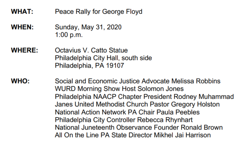 INBOX: There's a Sunday event planned in Philly, 1 pm at the Catto statue. The Peace Rally for George Floyd is being led by a variety of city, faith, nonprofit and activist leaders.