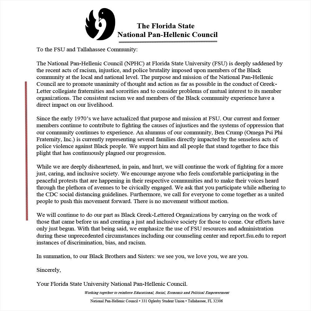 fsuSGRho's tweet image. The FSU National Pan-Hellenic Council &amp;amp; the Epsilon Delta Chapter stand with the Black community and those who support its efforts. Today we fought the fight that our founders aimed to win. We wish for everyone to continue taking a stand &amp;amp; stay safe! 💙💛 #FSUNPHC #EnchantingED