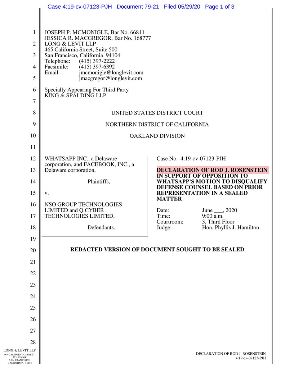 Anyone have  @RodRosenstein“providing counsel to NSO Group” on your BINGO card?cc  @lauferlaw  @DirkSchwenk  @LouiseMensch  @ushadrons @911CORLEBRA777  @AshaRangappa_I’m catching up re Declarations filed after 1AM https://ecf.cand.uscourts.gov/doc1/035019323917?caseid=350613…Public Drive https://drive.google.com/file/d/1s70HSU4CAtKGScAvsVPPq4OSMUi544Hs/view?usp=drivesdk