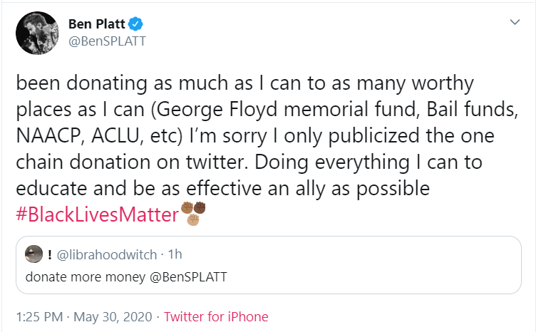 Some people have actually apologized after people told them to donate more money, and then did so. So if anyone on this thread does that, I cannot edit tweets and deleting the tweet will mess the thread up so just check if they have or not.[ https://twitter.com/BenSPLATT/status/1266797867504558080?s=20]