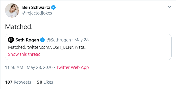1. Ben Schwartz ( @rejectedjokes) Net Worth: $3 MillionAmount Donated: $50[ https://twitter.com/rejectedjokes/status/1266050773063856130]