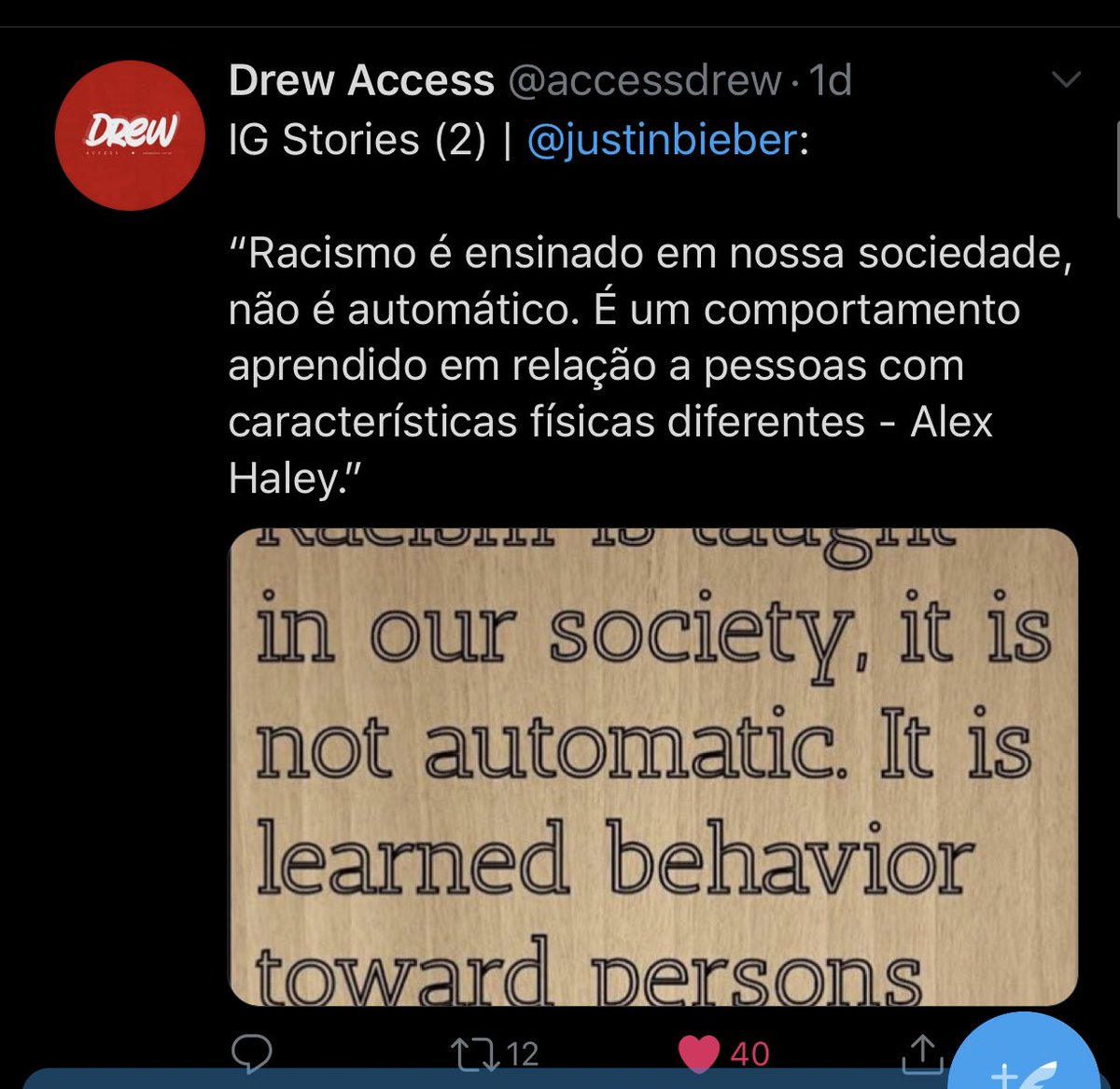 Como eu disse lá em cima sobre sermos criamos muitas vezes em meios preconceituosos e infelizmente ver o racismo ser normalizado, Justin postou um stories falando sobre isso: