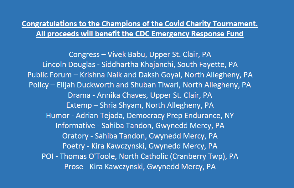 NASpeech_Debate's tweet photo. @NASpeech_Debate will donate $1000 to the @CDCFound. Thanks to all of the students - at all of the schools - representing 7 states - who competed today!!!!

#NASDOS2020 @NA_Schools @NASeniorClass @ndirdaNA https://t.co/Yr8RAmdx0g