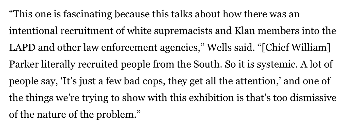 sonaiyak's tweet photo. In 2018 I covered an art exhibit where I learned that  KKK members *were* recruited by the LAPD and other police forces. And that the origin of law enforcement came from slave patrols. And that SWAT was created specifically to target Black Panthers https://t.co/3ORtFyWDNd https://t.co/N4POMNZ9ju