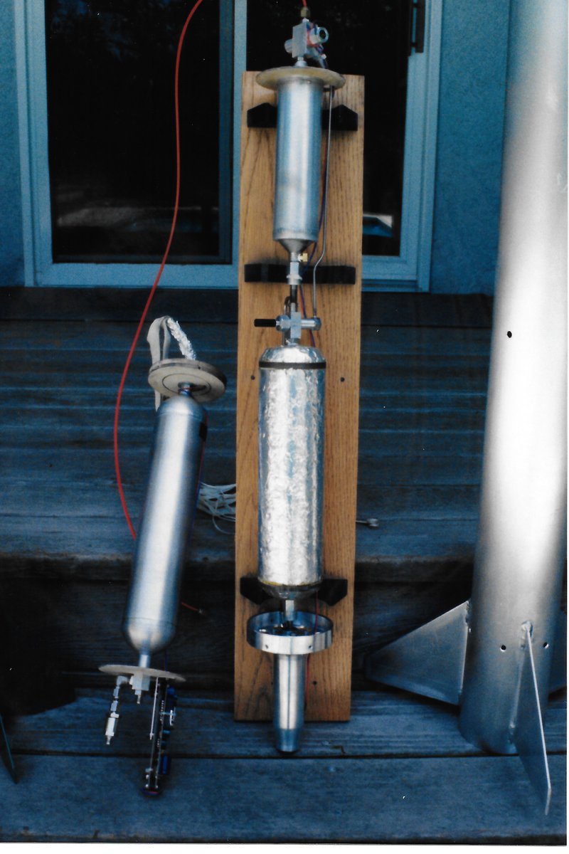 lrocket's tweet image. This was the first liquid rocket I ever flew.  50 pound thrust LOX/kerosene.  Perhaps the smallest cryo liquid rocket ever flown?  I flew it 2 or 3 times and still have it, may fly it again some day