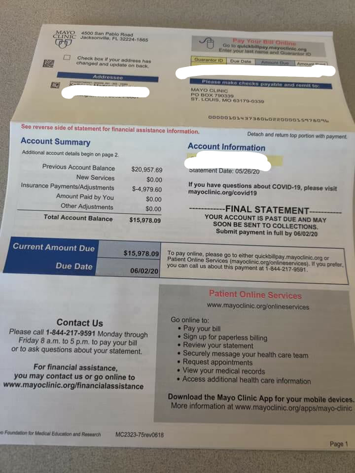 This bill has been pulled back from collection multiple times. I've begged and pleaded with both  @BCBSIL and  @MayoClinic to communicate more effectively so I don't go through this every month. I had colorectal cancer surgery in September. Mayo submitted the bill. (THREAD)