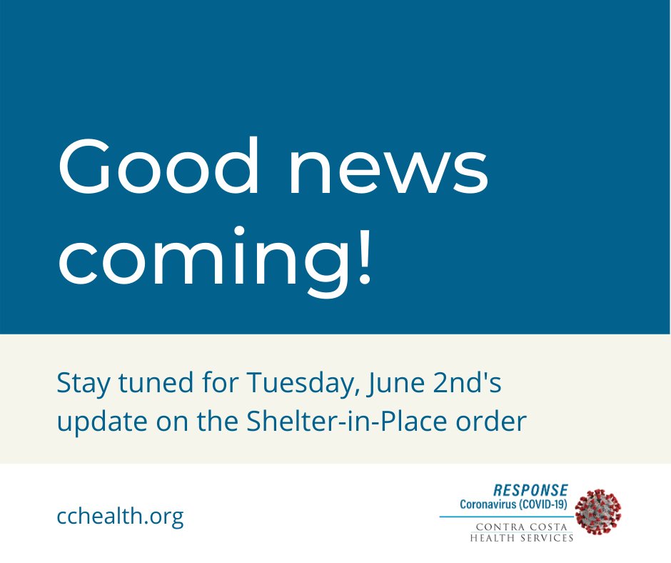 CoCoHealth's tweet photo. Public Statement from CCHS: Contra Costa will relax more restrictions on businesses and social activities in the coming days if we can keep making progress to contain COVID-19. Details to be released 6/2.  https://t.co/0ikjegwoQ3 https://t.co/skDsCzsvcA