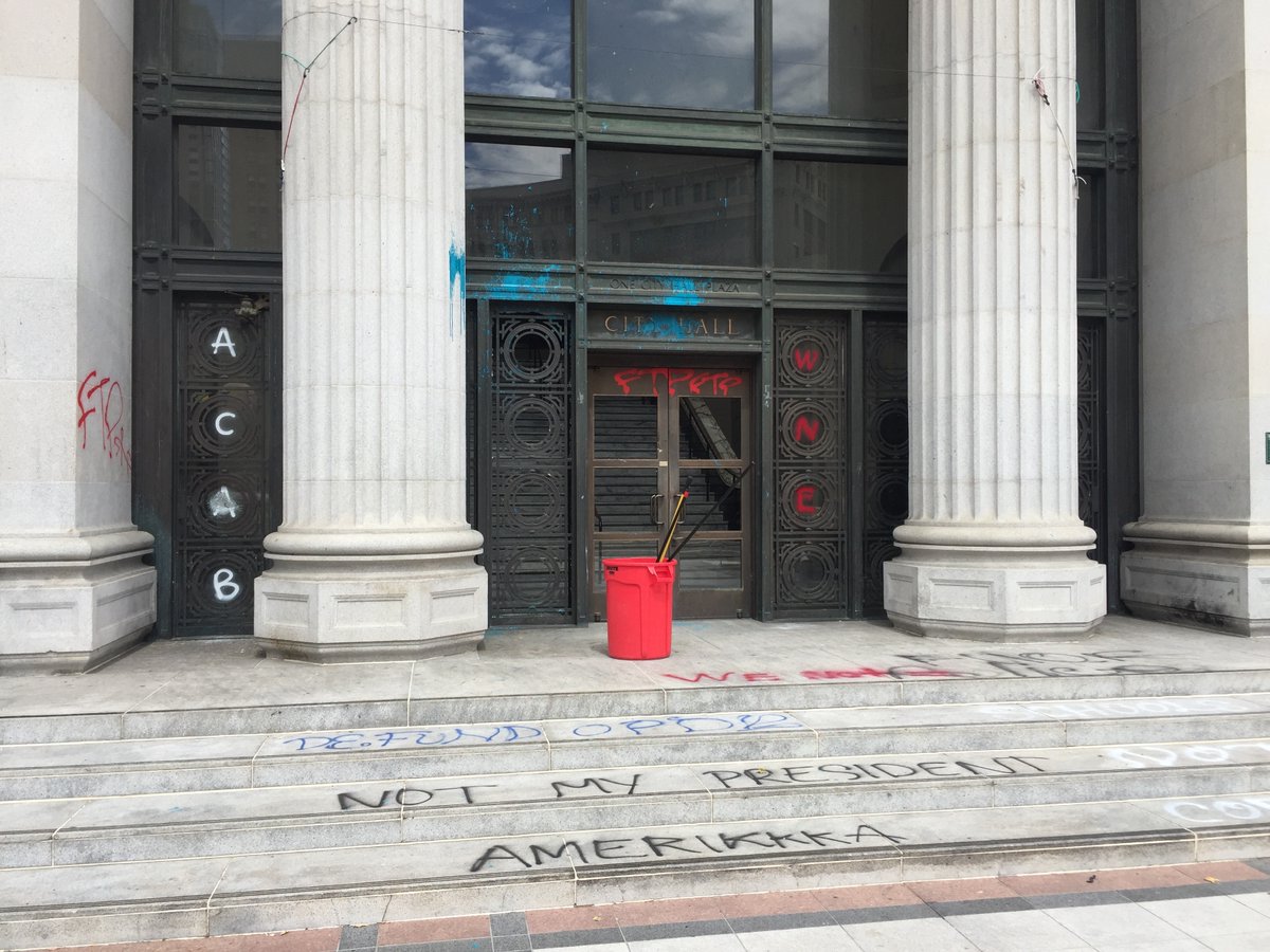 It seemed like the police mostly stayed close to OPD HQ. For at least an hour, when Walgreens & Chase Bank on 14th & Broadway were being damaged/burned, there was zero police presence. City Hall and the Federal Building were also both spray-painted and sustained broken windows.